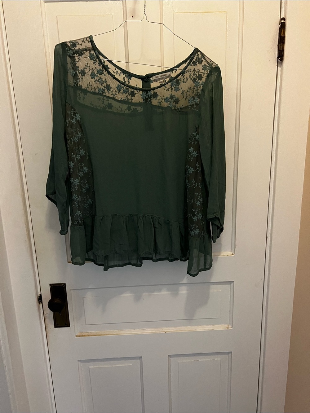 Cost Plus World Market Green Lace Yoke Peplum Blouse